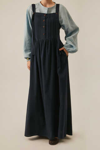Pleated Linen Pinafore Dress Navy Blue - 4
