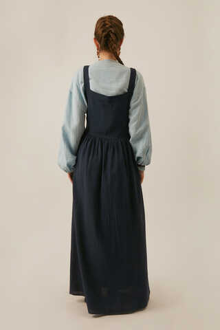 Pleated Linen Pinafore Dress Navy Blue - 5