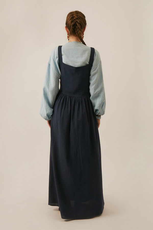 Pleated Linen Pinafore Dress Navy Blue - 5