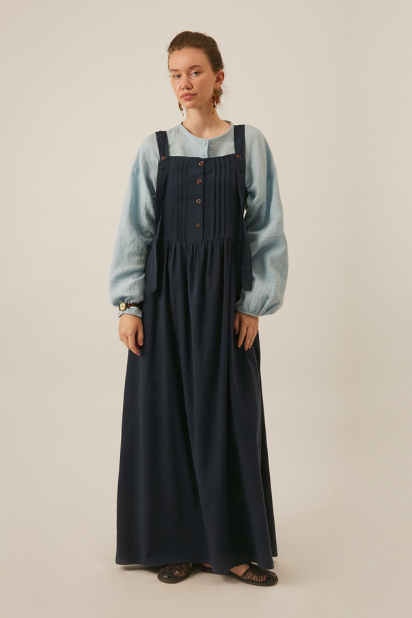 Pleated Linen Pinafore Dress Navy Blue - 2