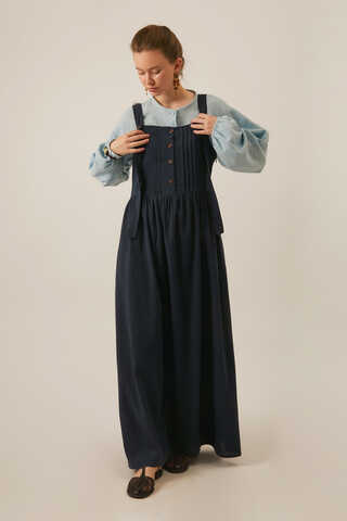 Pleated Linen Pinafore Dress Navy Blue - 3