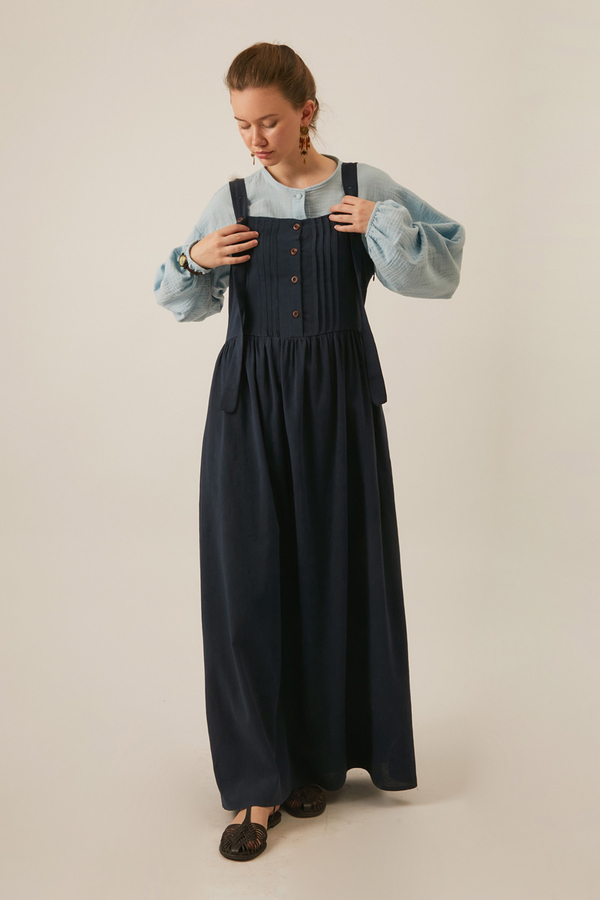Pleated Linen Pinafore Dress Navy Blue - 3