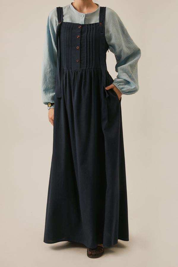 Pleated Linen Pinafore Dress Navy Blue - 4