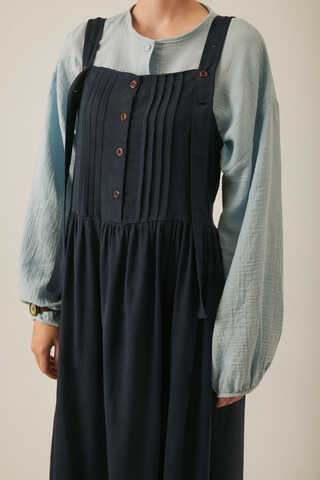 Pleated Linen Pinafore Dress Navy Blue - 1