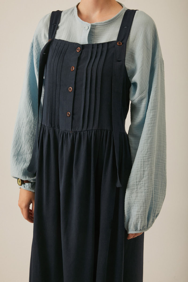 Pleated Linen Pinafore Dress Navy Blue - 1