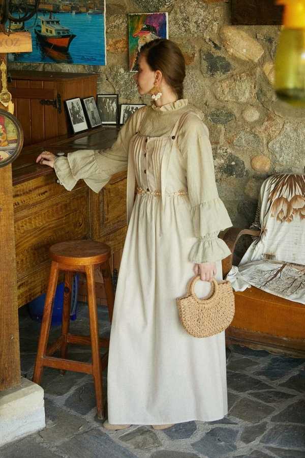 Pleated Linen Pinafore Dress Stone - 4