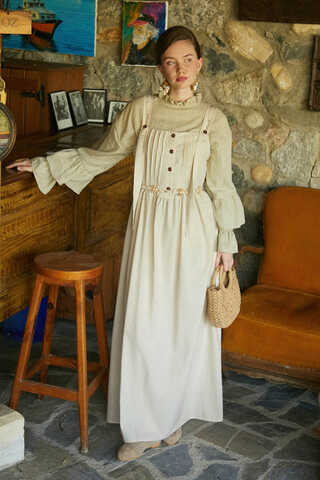 Pleated Linen Pinafore Dress Stone - 5