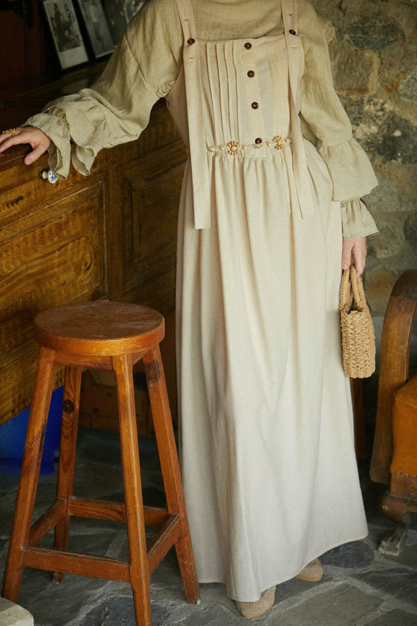 Pleated Linen Pinafore Dress Stone - 7