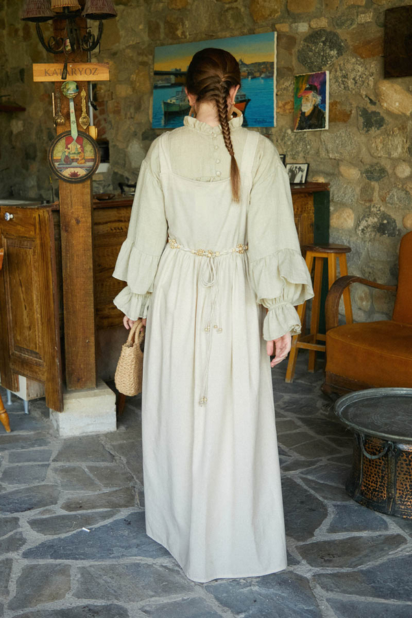 Pleated Linen Pinafore Dress Stone - 8