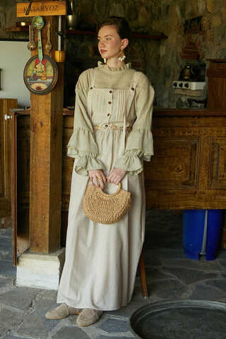 Pleated Linen Pinafore Dress Stone - 2