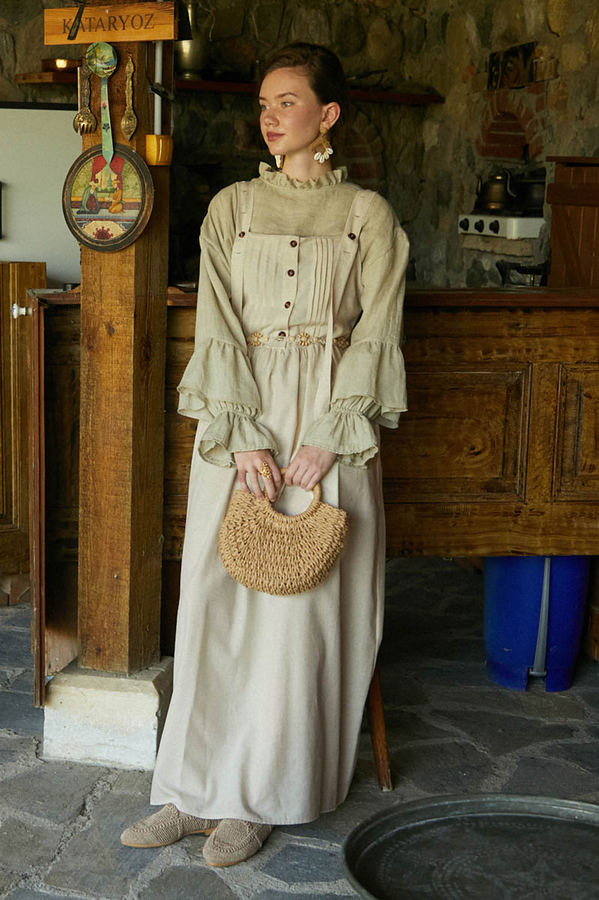 Pleated Linen Pinafore Dress Stone - 2