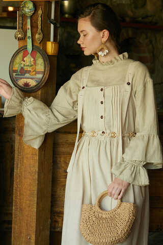 Pleated Linen Pinafore Dress Stone - 1