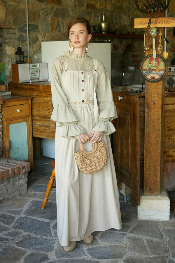 Pleated Linen Pinafore Dress Stone - 3