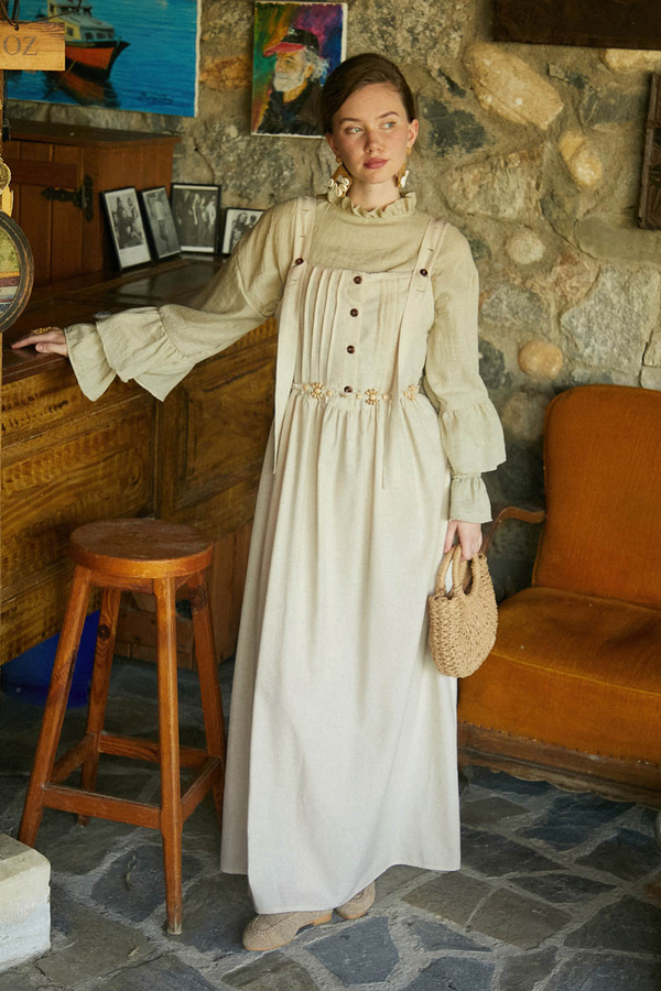 Pleated Linen Pinafore Dress Stone - 5