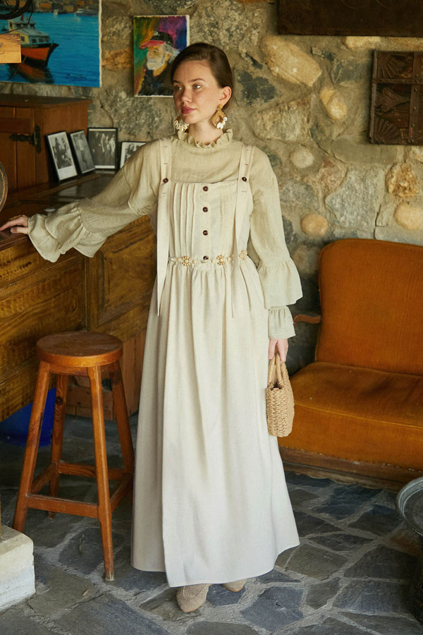 Pleated Linen Pinafore Dress Stone - 6