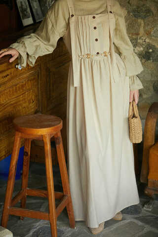 Pleated Linen Pinafore Dress Stone - 7