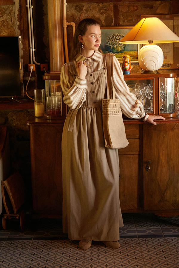 Pleated Linen Pinafore Dress Taupe - 4