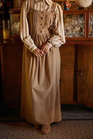 Pleated Linen Pinafore Dress Taupe - 6