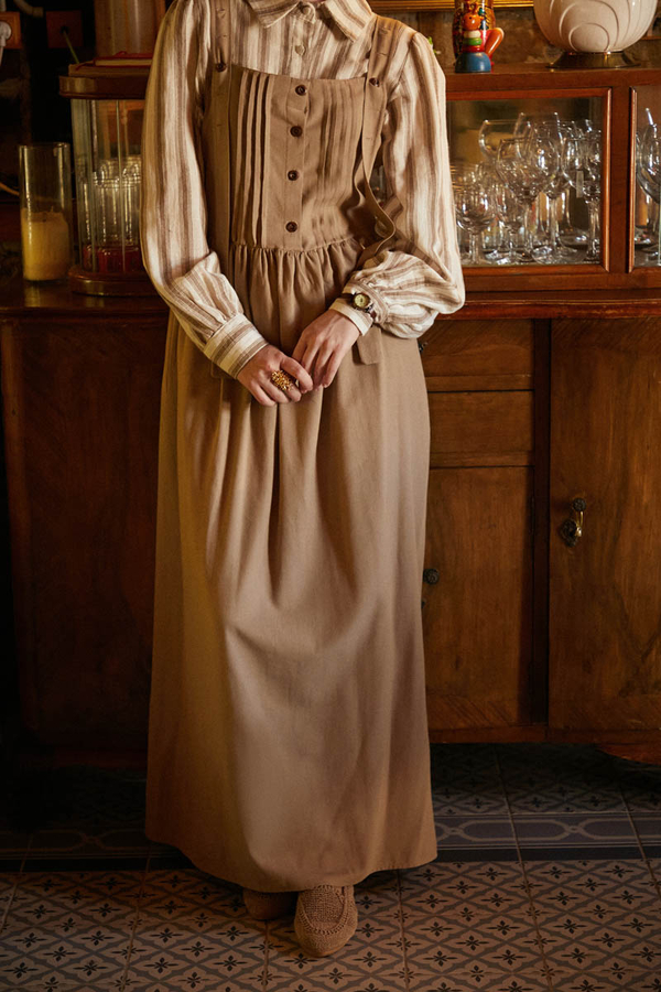 Pleated Linen Pinafore Dress Taupe - 6