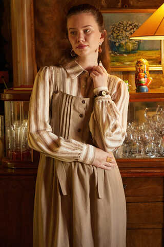 Pleated Linen Pinafore Dress Taupe - 7