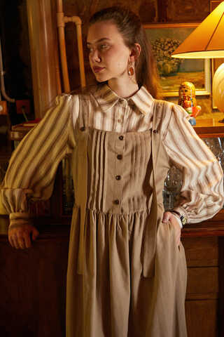 Pleated Linen Pinafore Dress Taupe - 5