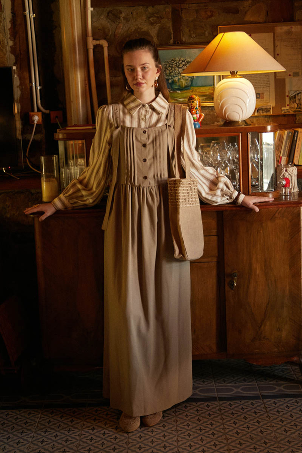 Pleated Linen Pinafore Dress Taupe - 3