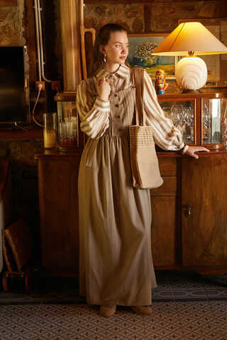 Pleated Linen Pinafore Dress Taupe - 4