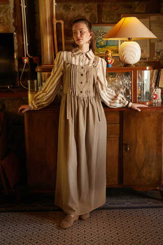 Pleated Linen Pinafore Dress Taupe - 1