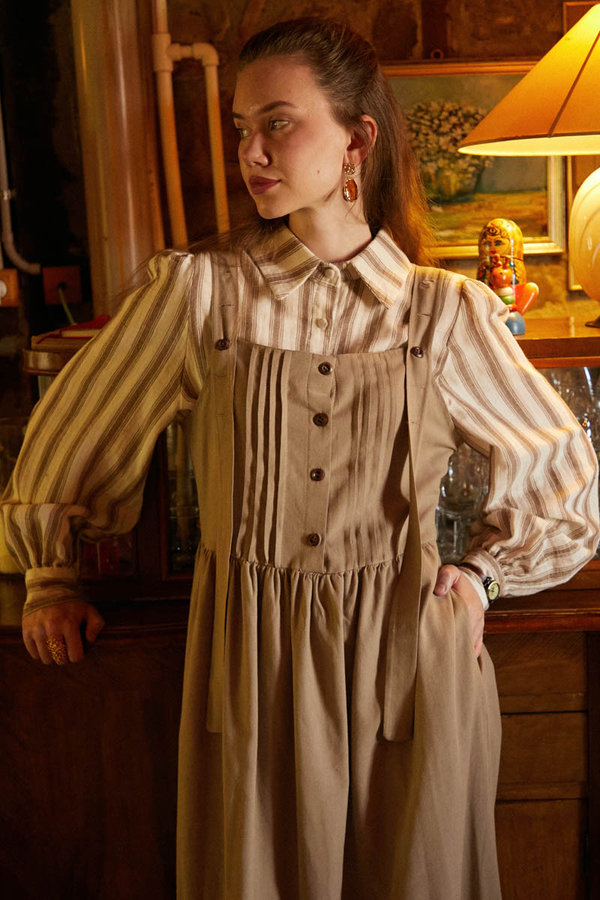 Pleated Linen Pinafore Dress Taupe - 5