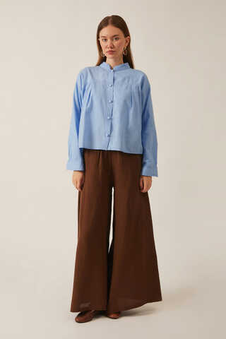 Pile Detaylı Keten Gömlek Bebe Mavisi - 2