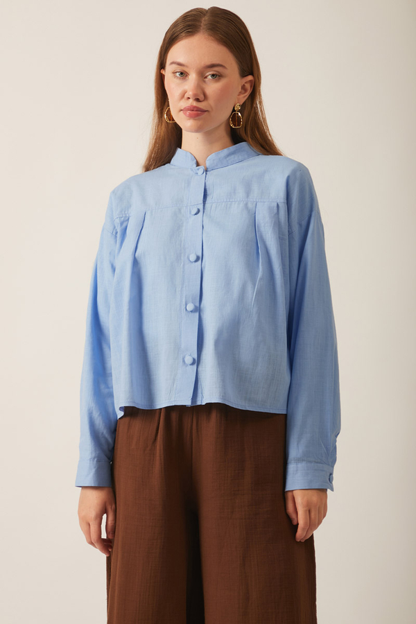 Pile Detaylı Keten Gömlek Bebe Mavisi - 3
