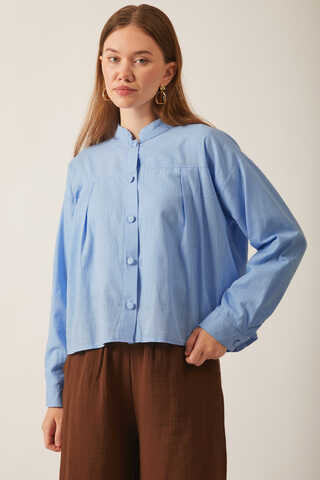 Pile Detaylı Keten Gömlek Bebe Mavisi - 6