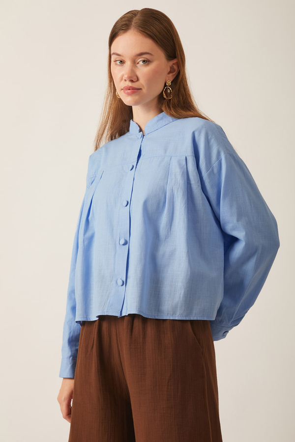 Pile Detaylı Keten Gömlek Bebe Mavisi - 8
