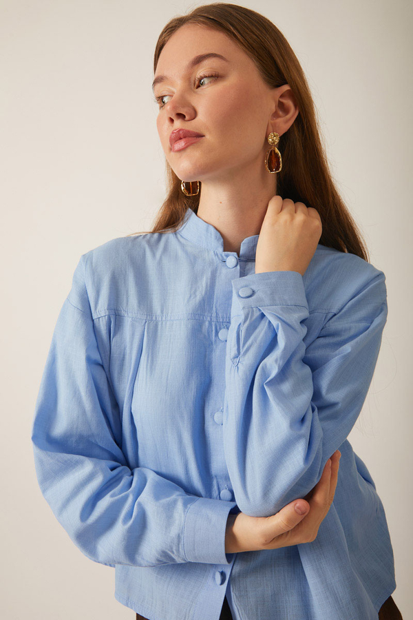 Pile Detaylı Keten Gömlek Bebe Mavisi 