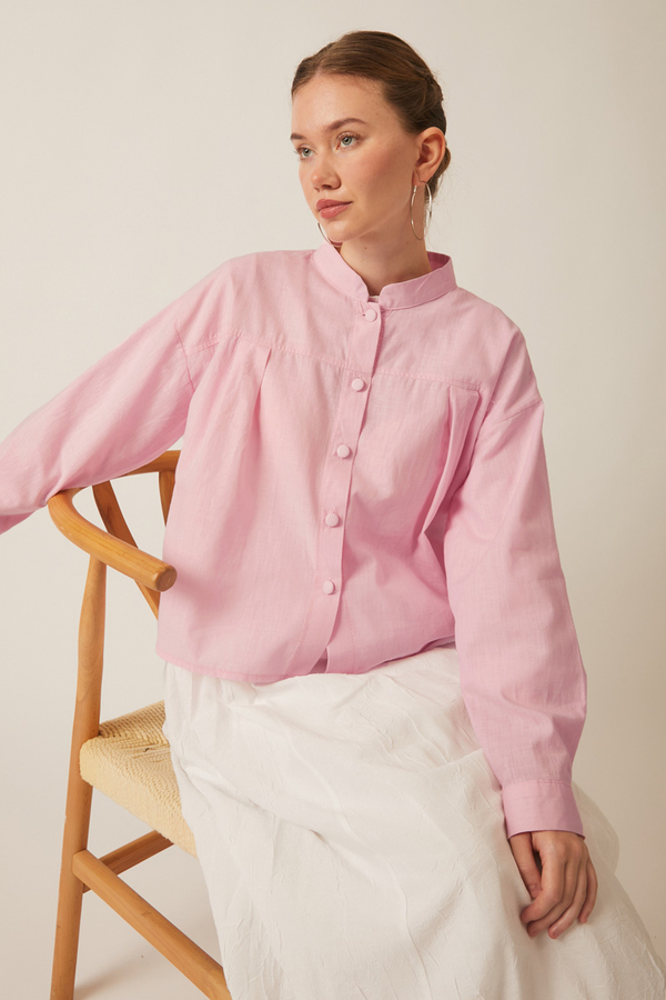 Pleated Linen Shirt Powder Pink - 5