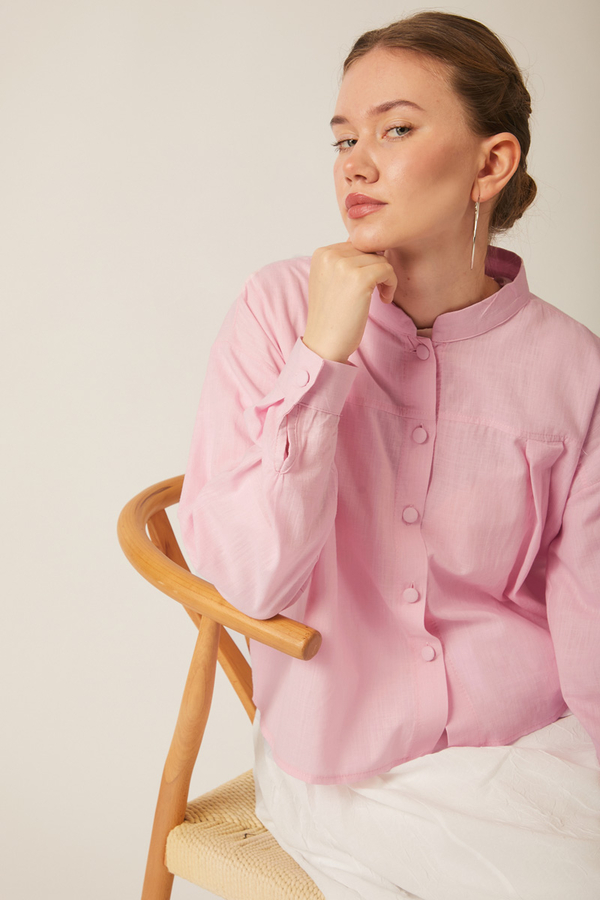 Pleated Linen Shirt Powder Pink - 4