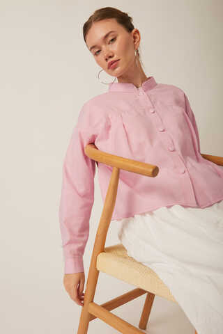 Pleated Linen Shirt Powder Pink - 7