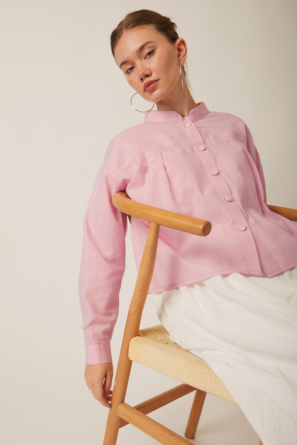 Pleated Linen Shirt Powder Pink - 7