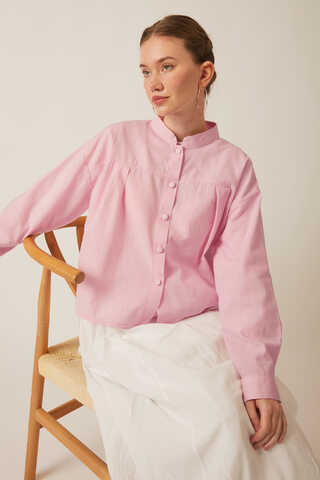 Pleated Linen Shirt Powder Pink - 5