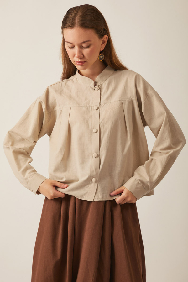 Pleated Linen Shirt Stone - 3