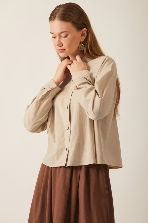 Pleated Linen Shirt Stone - 5