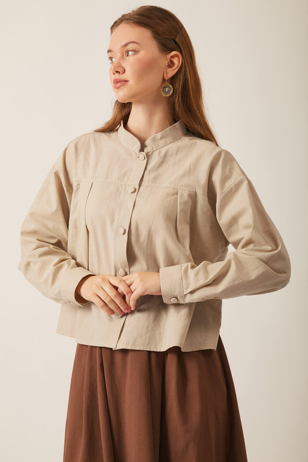 Pleated Linen Shirt Stone - 6