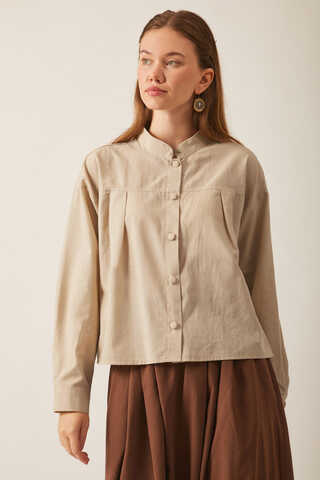 Pleated Linen Shirt Stone - 7