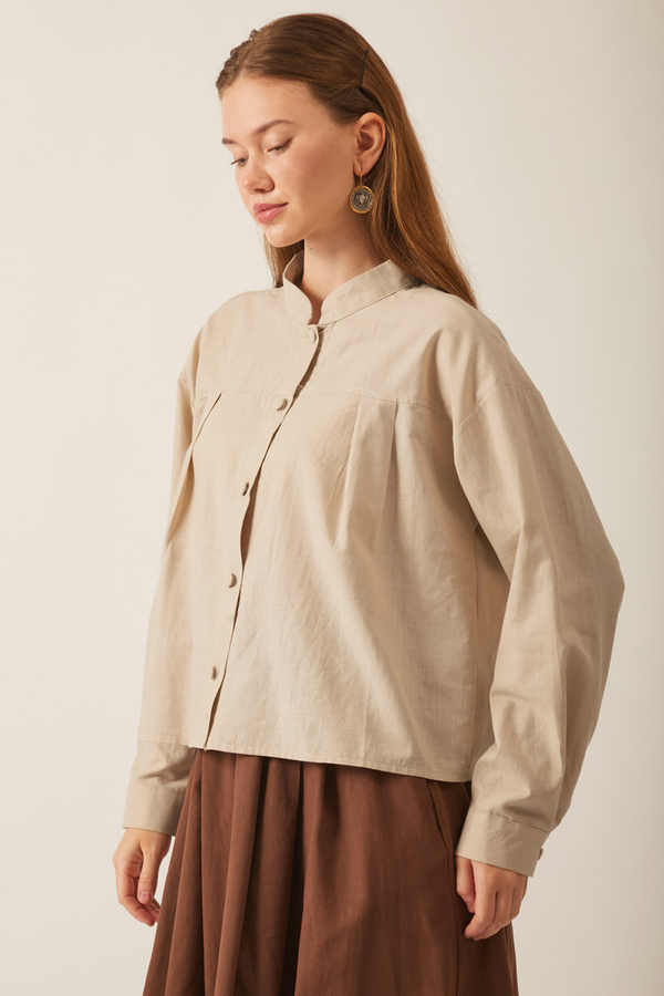 Pleated Linen Shirt Stone - 4