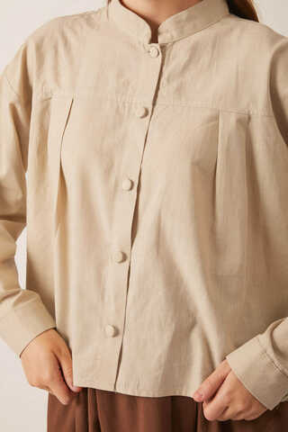 Pleated Linen Shirt Stone - 10