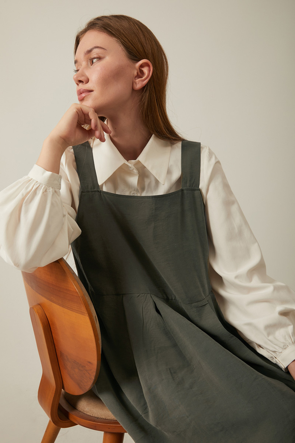 Pleated Modal Pinafore Khaki - 9