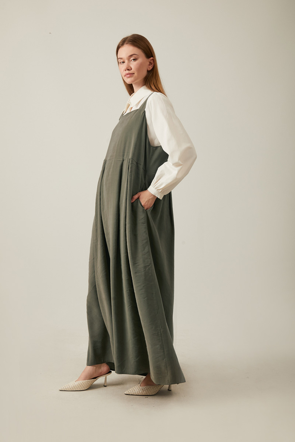 Pleated Modal Pinafore Khaki - 6