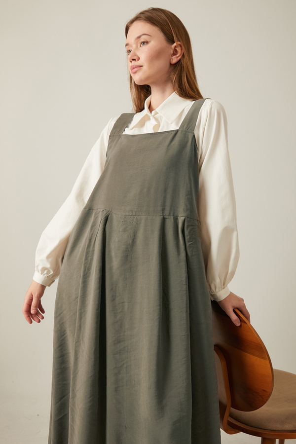 Pleated Modal Pinafore Khaki - 1