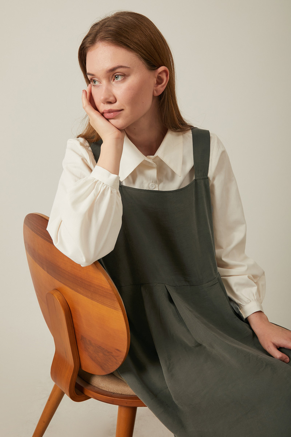 Pleated Modal Pinafore Khaki - 8
