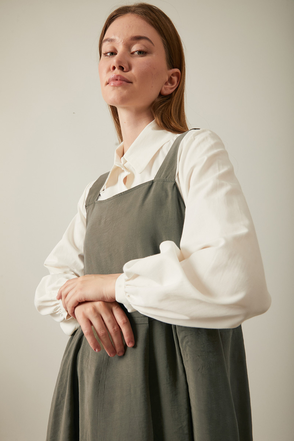 Pleated Modal Pinafore Khaki - 10